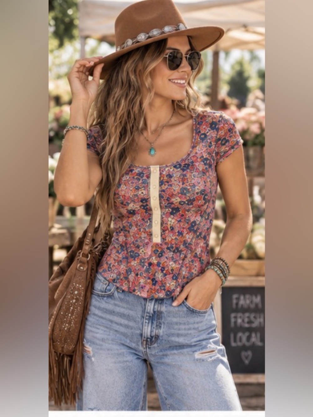 Natural Life Floral Henley Knit Top Boho Cottagecore NWT